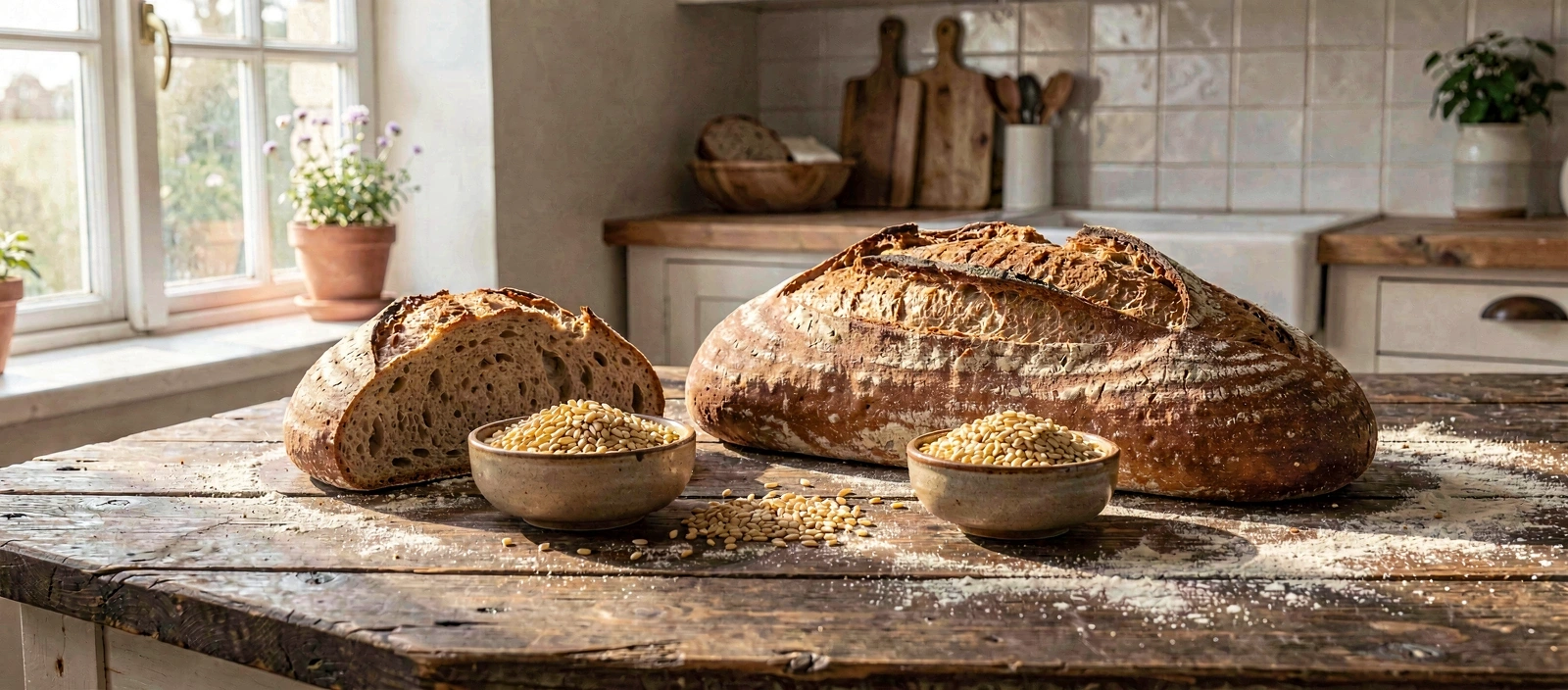 Artizán gluténmentes kenyér és alapanyagok egy rusztikus asztalon